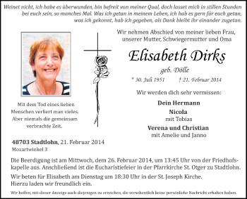 Anzeige von Elisabeth Dirks von Münstersche Zeitung und Münsterland Zeitung