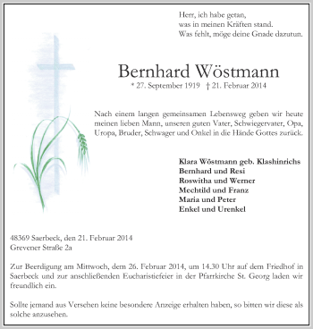 Anzeige von Bernhard Wöstmann von Münstersche Zeitung, Emsdettener Volkszeitung, Grevener Zeitung und Münsterland Zeitung