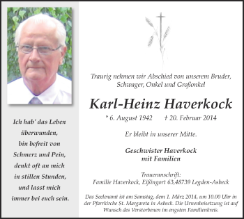 Anzeige von Karl-Heinz Haverkock von Münstersche Zeitung und Münsterland Zeitung