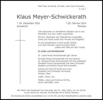 Anzeige von Klaus Meyer-Schwickerath von Münstersche Zeitung und Grevener Zeitung
