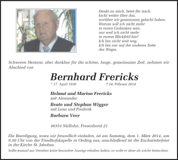 Anzeige von Bernhard Frericks von Münstersche Zeitung und Münsterland Zeitung
