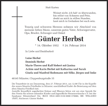 Anzeige von Günter Herbst von Münstersche Zeitung und Grevener Zeitung