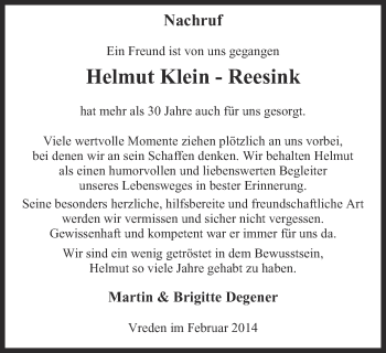 Anzeige von Helmut Klein-Reesink von Münstersche Zeitung und Münsterland Zeitung