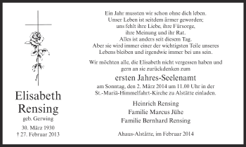 Anzeige von Elisabeth Rensing von Münstersche Zeitung und Münsterland Zeitung