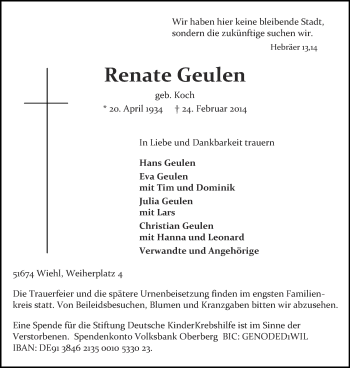 Anzeige von Renate Geulen von Münstersche Zeitung und Grevener Zeitung