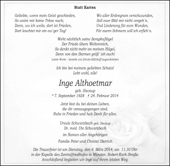 Anzeige von Inge Althoetmar von Münstersche Zeitung und Grevener Zeitung
