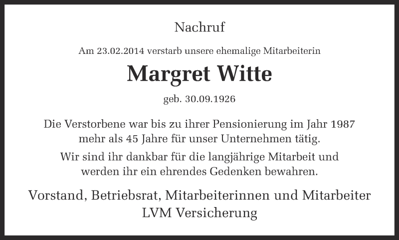  Traueranzeige für Margret Witte vom 03.03.2014 aus Münstersche Zeitung und Grevener Zeitung