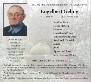 Anzeige von Engelbert Geling von Münstersche Zeitung und Münsterland Zeitung