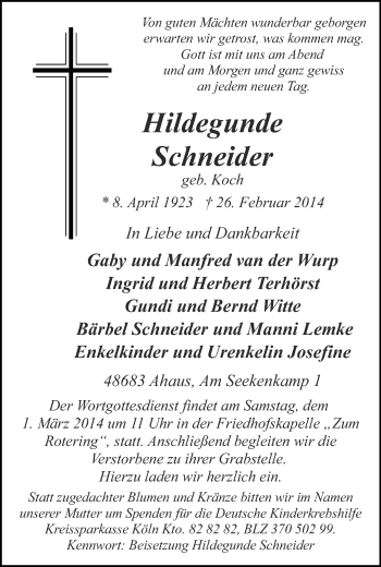 Anzeige von Hildegunde Schneider von Münstersche Zeitung und Münsterland Zeitung