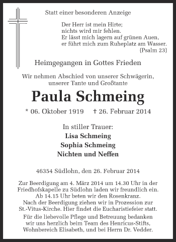 Anzeige von Paula Schmeing von Münstersche Zeitung und Münsterland Zeitung