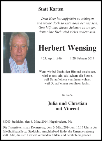 Anzeige von Herbert Wensing von Münstersche Zeitung und Münsterland Zeitung