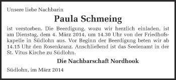 Anzeige von Paula Schmeing von Münstersche Zeitung und Münsterland Zeitung