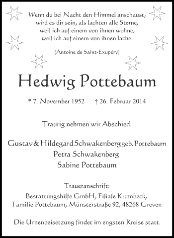 Anzeige von Hedwig Pottebaum von Münstersche Zeitung und Grevener Zeitung