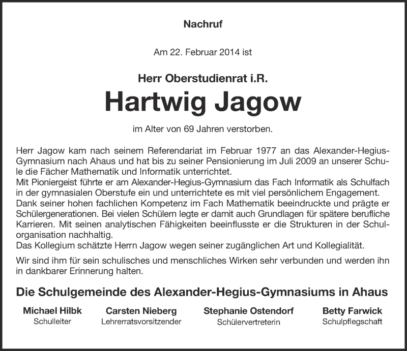  Traueranzeige für Hartwig Jagow vom 08.03.2014 aus Münstersche Zeitung und Münsterland Zeitung
