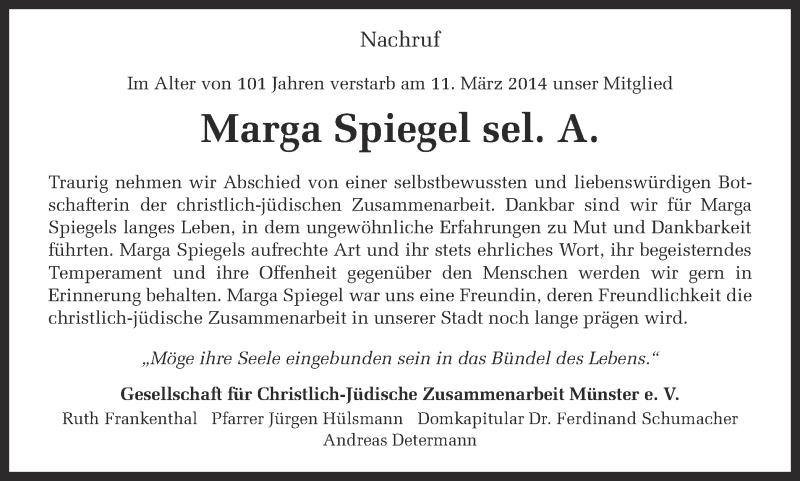  Traueranzeige für Marga Spiegel vom 13.03.2014 aus Münstersche Zeitung und Grevener Zeitung