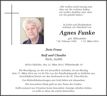 Anzeige von Agnes Funke von Münstersche Zeitung und Münsterland Zeitung