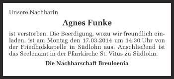 Anzeige von Agnes Funke von Münstersche Zeitung und Münsterland Zeitung