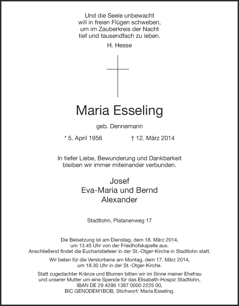  Traueranzeige für Maria Esseling vom 15.03.2014 aus Münstersche Zeitung und Münsterland Zeitung