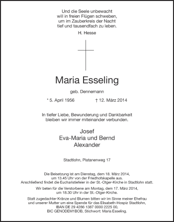 Anzeige von Maria Esseling von Münstersche Zeitung und Münsterland Zeitung