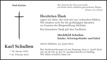 Anzeige von Karl Schulten von Münstersche Zeitung und Münsterland Zeitung