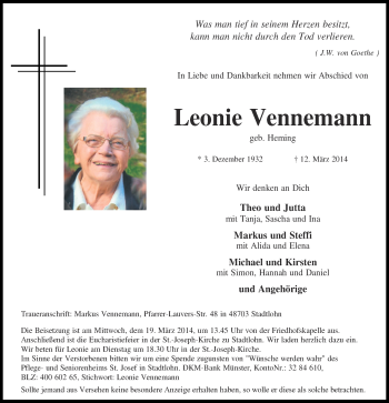 Anzeige von Leonie Vennemann von Münstersche Zeitung und Münsterland Zeitung