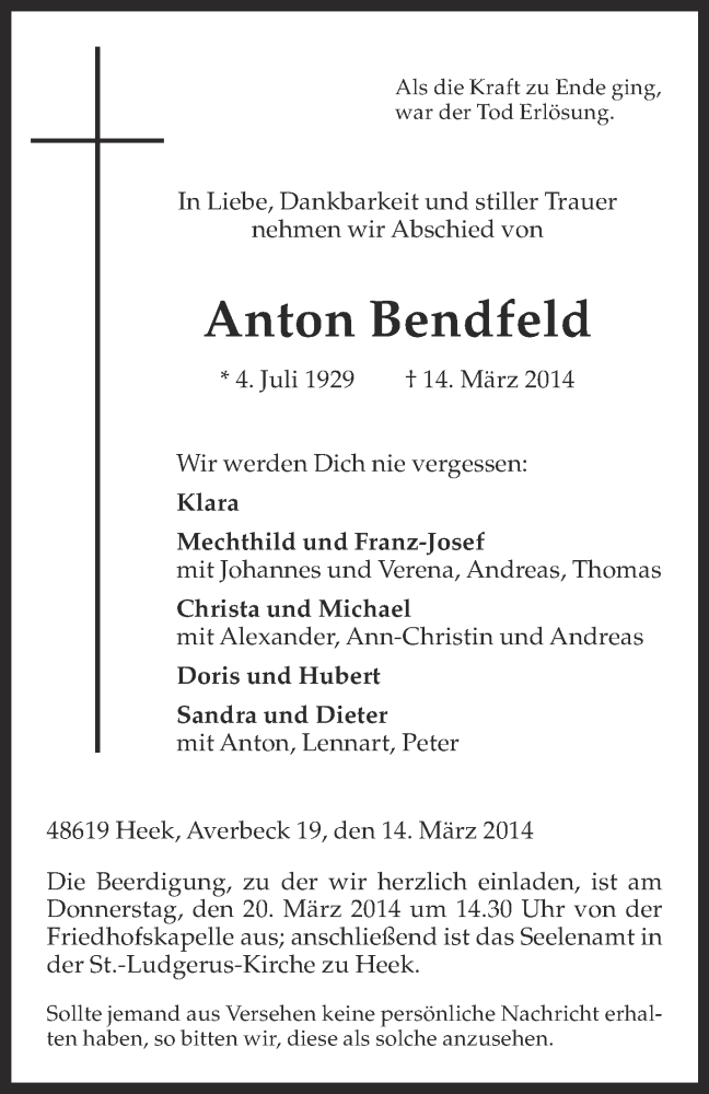  Traueranzeige für Anton Bendfeld vom 17.03.2014 aus Münstersche Zeitung und Münsterland Zeitung