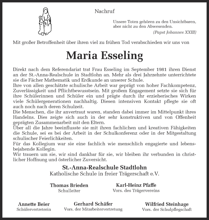  Traueranzeige für Maria Esseling vom 19.03.2014 aus Münstersche Zeitung und Münsterland Zeitung