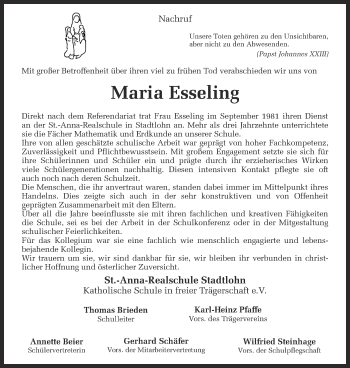 Anzeige von Maria Esseling von Münstersche Zeitung und Münsterland Zeitung