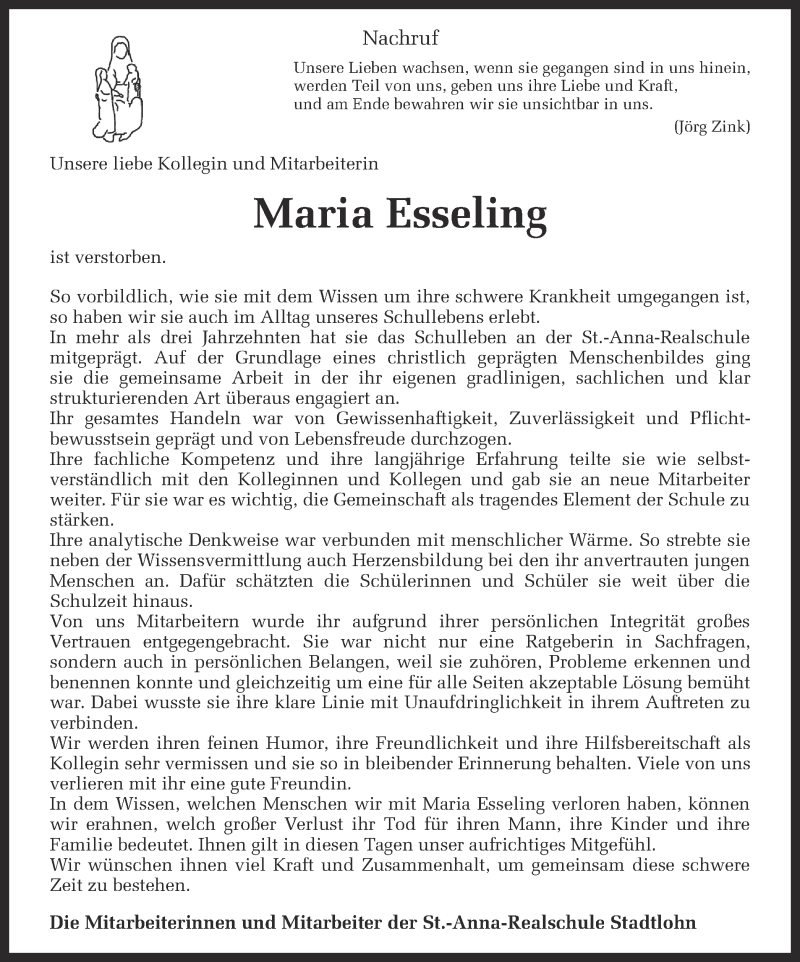  Traueranzeige für Maria Esseling vom 19.03.2014 aus Münstersche Zeitung und Münsterland Zeitung