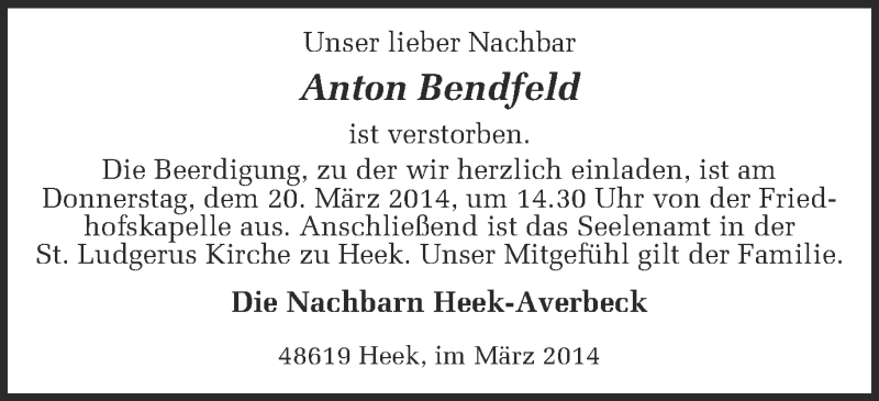 Traueranzeige für Anton Bendfeld vom 18.03.2014 aus Münstersche Zeitung und Münsterland Zeitung