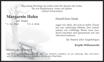 Anzeige von Margarete Huhn von Münstersche Zeitung und Grevener Zeitung