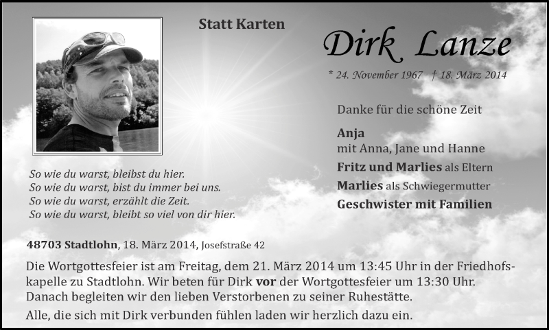  Traueranzeige für Dirk Lanze vom 20.03.2014 aus Münstersche Zeitung und Münsterland Zeitung