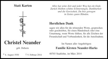Anzeige von Christel Neander von Münstersche Zeitung und Münsterland Zeitung