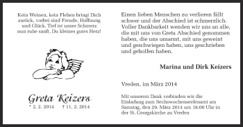Anzeige von Greta Keizers von Münstersche Zeitung und Münsterland Zeitung