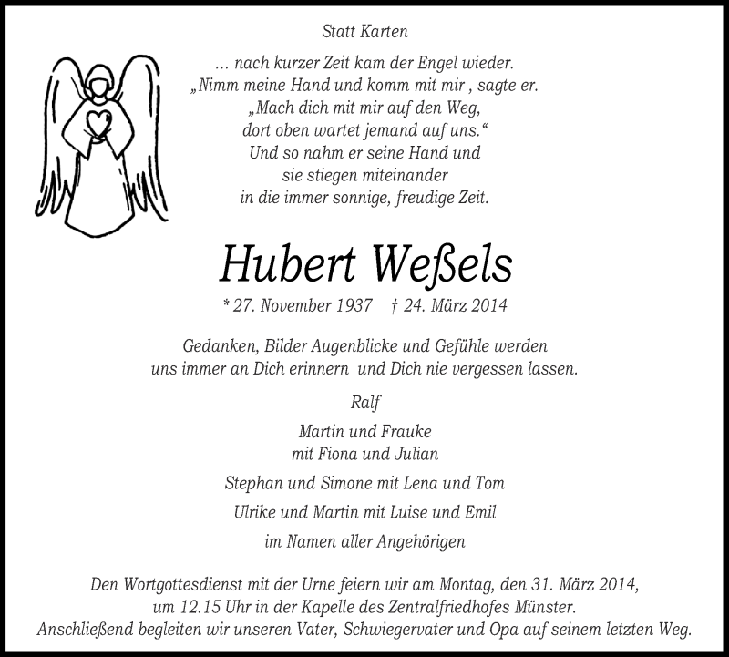 Traueranzeige für Hubert Weßels vom 26.03.2014 aus Münstersche Zeitung und Grevener Zeitung