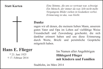 Anzeige von Hans E. Flieger von Münstersche Zeitung und Münsterland Zeitung