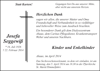Anzeige von Josefa Seggewiß von Münstersche Zeitung und Münsterland Zeitung