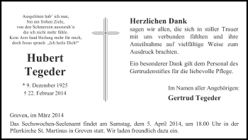 Anzeige von Hubert Tegeder von Münstersche Zeitung und Grevener Zeitung