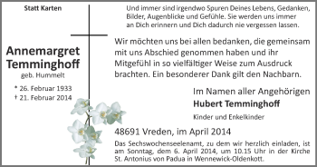 Anzeige von Annemargret Temminghoff von Münstersche Zeitung und Münsterland Zeitung