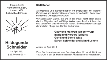 Anzeige von Hildegunde Schneider von Münstersche Zeitung und Münsterland Zeitung