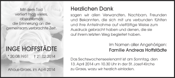 Anzeige von Inge Hoffstädte von Münstersche Zeitung und Münsterland Zeitung