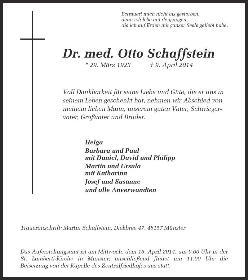  Traueranzeige für Otto Schaffstein vom 12.04.2014 aus Münstersche Zeitung und Grevener Zeitung