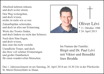 Anzeige von Oliver Lévi von Münstersche Zeitung und Münsterland Zeitung
