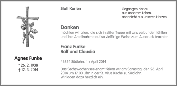 Anzeige von Agnes Funke von Münstersche Zeitung und Münsterland Zeitung