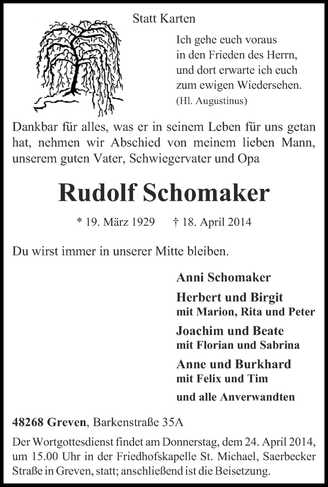 Traueranzeige für Rudolf Schomaker vom 22.04.2014 aus Münstersche Zeitung und Grevener Zeitung