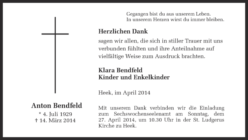  Traueranzeige für Anton Bendfeld vom 23.04.2014 aus Münstersche Zeitung und Münsterland Zeitung