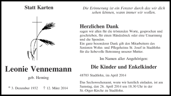 Anzeige von Leonie Vennemann von Münstersche Zeitung und Münsterland Zeitung