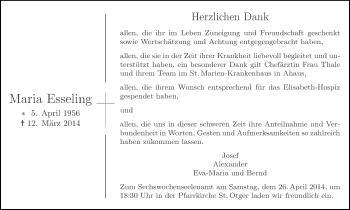 Anzeige von Maria Esseling von Münstersche Zeitung und Münsterland Zeitung