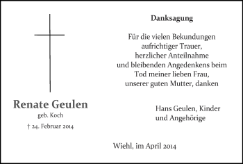 Anzeige von Renate Geulen von Münstersche Zeitung und Grevener Zeitung