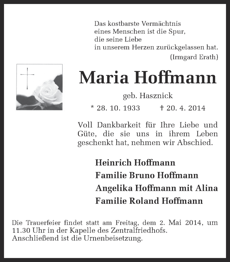  Traueranzeige für Maria Hoffmann vom 26.04.2014 aus Münstersche Zeitung und Grevener Zeitung
